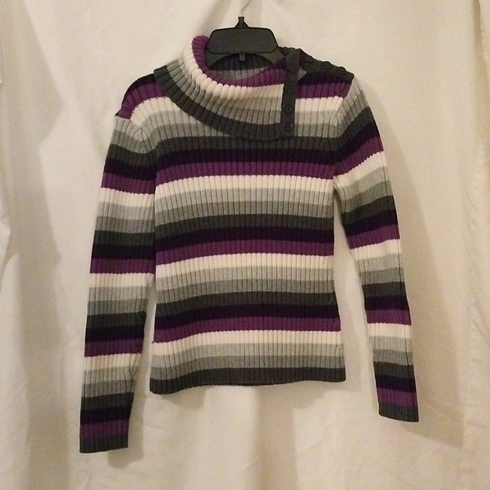 Black, three tone gray, cream and purple St Johns Bay sweater. Size medium